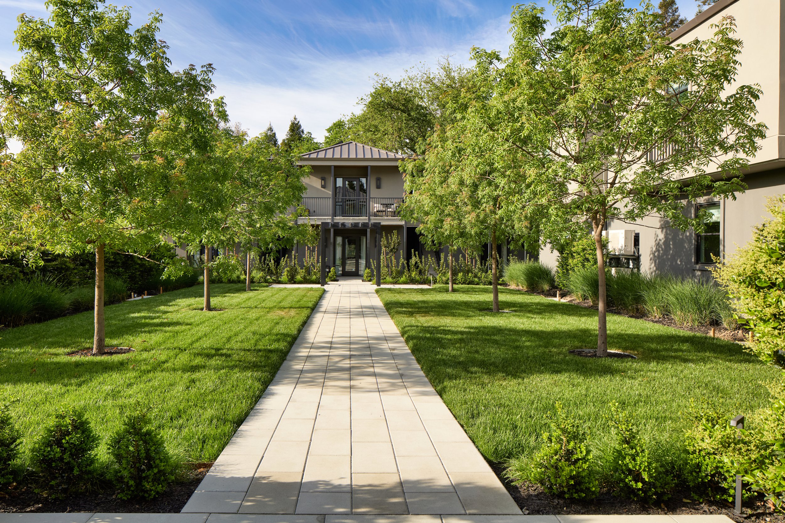 Pool and grove at Duchamp Hotel Healdsburg, set for an event.